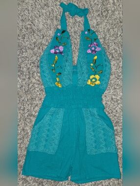 Girls Teal Embroidered Halter Romper